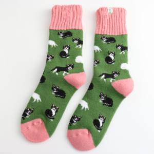 Miss Sparrow "Winter Black & White Cats" Socks - Green